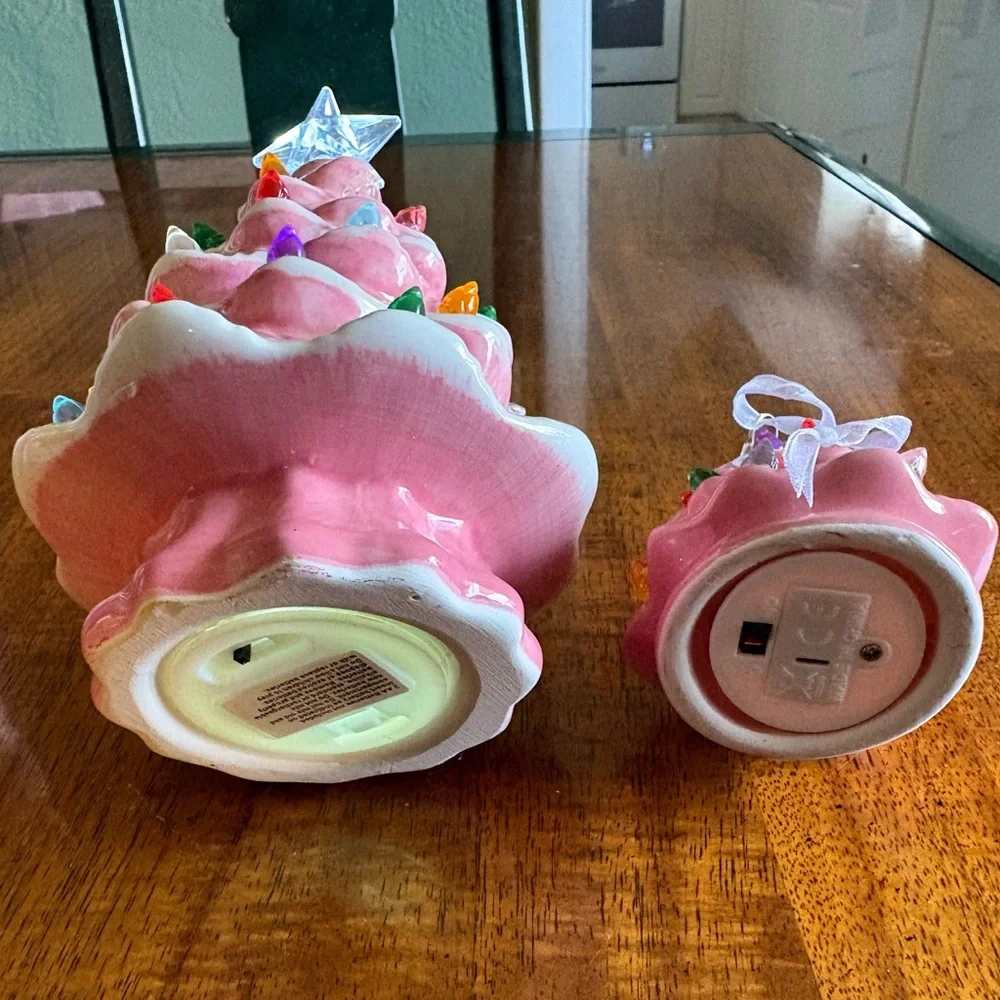 Pink Ceramic Holiday Tree Set with Clear Star Toppers Ornament and Standing Tree